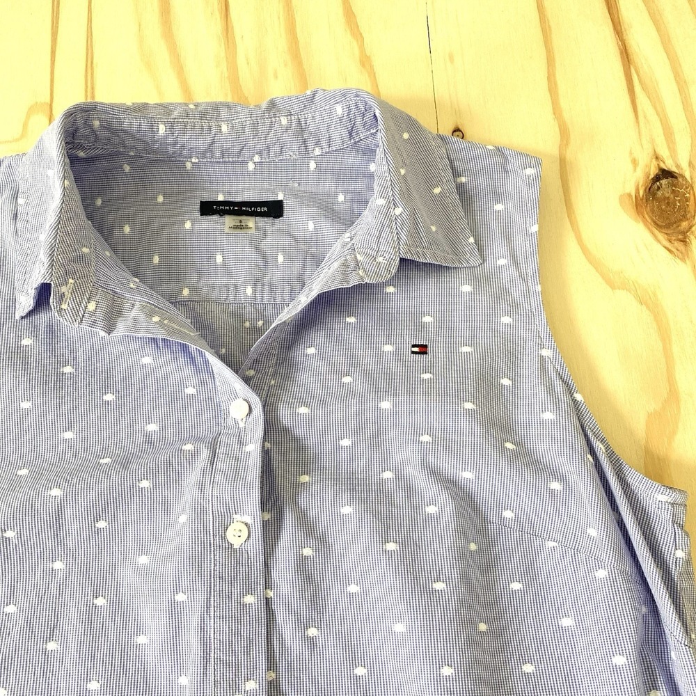 Tommy Hilfiger Blue White Gingham Polka Dot Tie Waist Shirt Dress Size 8 - Picture 7 of 11